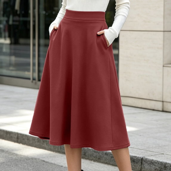 IUYRTFE Women's High Waist A Line Midi Skirt with Pockets Stretch Casual Work Skirt