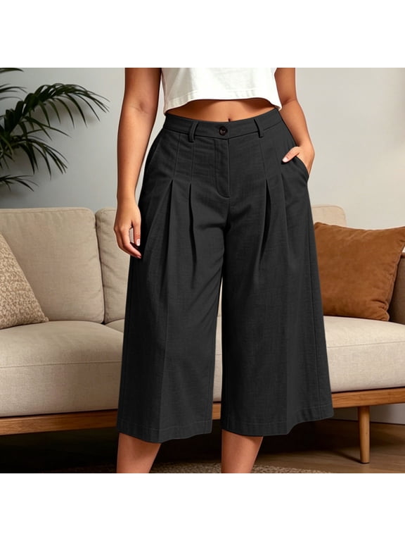 Women's High Waist Pleated Cropped Pants Loose Fit Wide Leg Culottes with Pockets