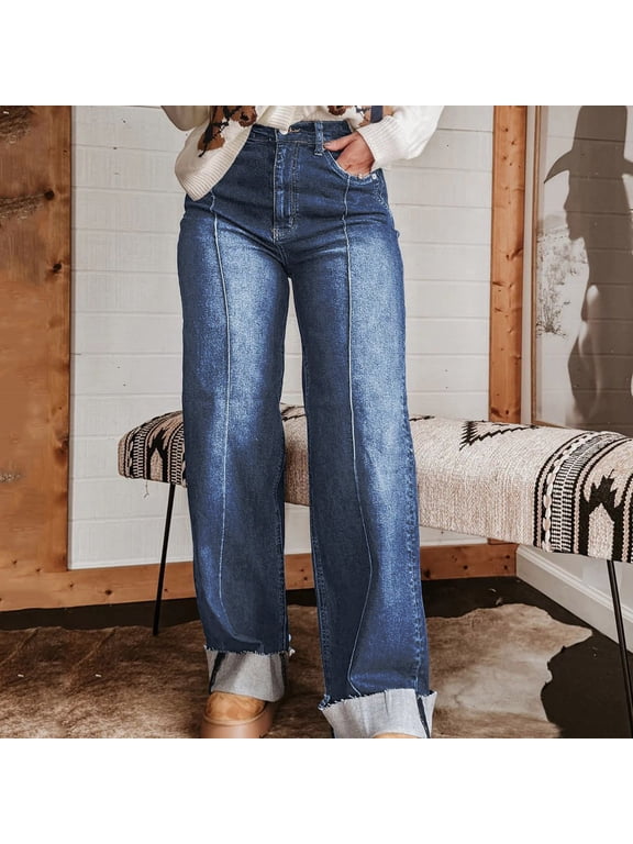 IUYRTFE Women's High Waist Straight Leg Jeans with Center Seam Detail and Rolled Cuff Hem Casual Denim Pants