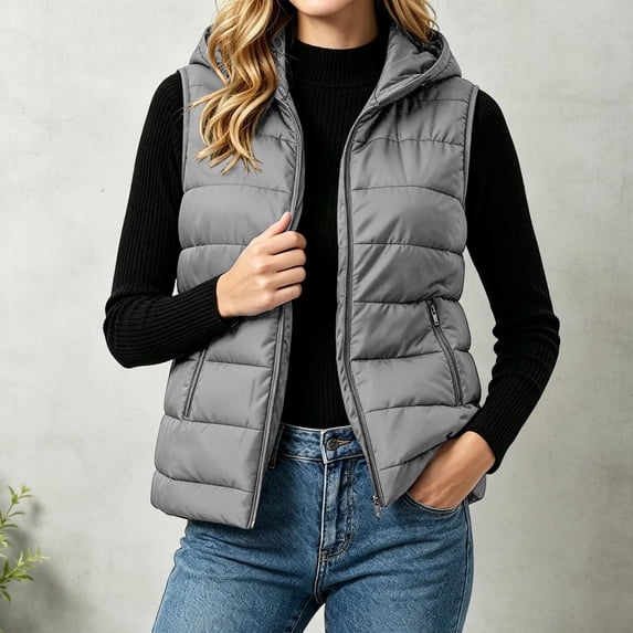 IUYRTFE Women's Hooded Puffer Vest Zip Up Quilted Sleeveless Jacket with Pockets Solid Color Winter Outerwear
