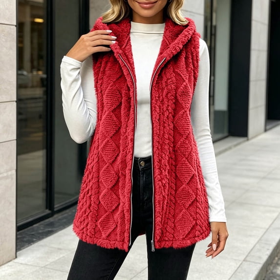 IUYRTFE Women's Hooded Zip Up Knit Vest Sleeveless Cable Texture Cardigan Jacket for Fall and Winter