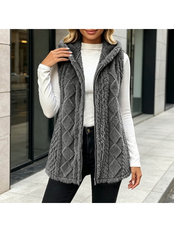 Women's Hooded Zip Up Knit Vest Sleeveless Cable Texture Cardigan Jacket for Fall and Winter