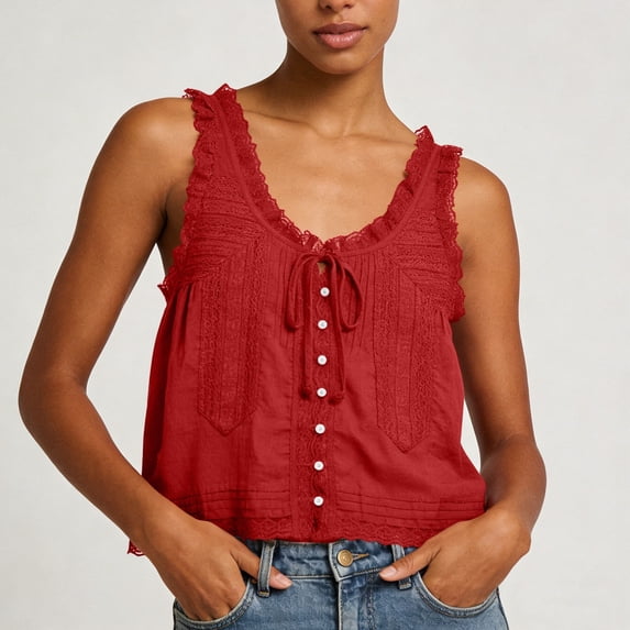 IUYRTFE Women's Lace Ruffle Trim V Neck Tie Front Button Sleeveless Babydoll Tank Top Summer – Soft Cotton