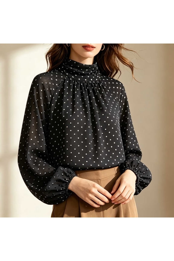 Women's Lantern Sleeve Polka Dot High Neck Blouse – Loose Fit Ruffle Collar Chiffon Top for Elegant Office and Casual Daily Wear