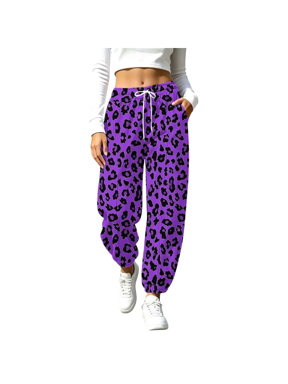 Women's Leopard Print Curved Leg Pants with Pockets Elastic Waist Loose Fit Casual Trousers