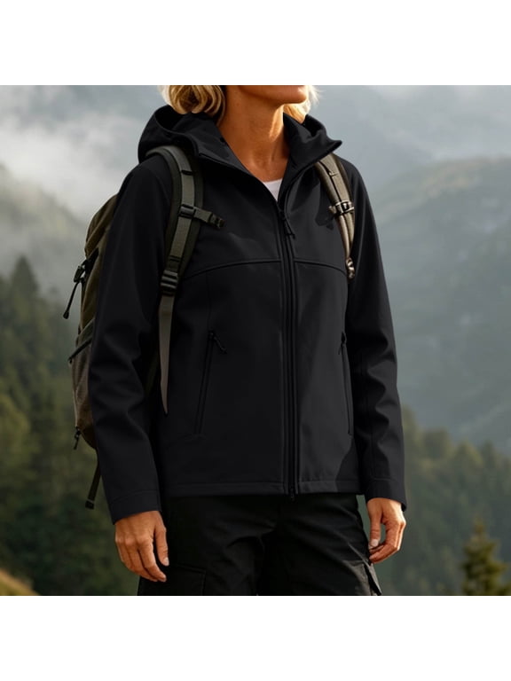 Women's Lightweight Fleece Lined Softshell Jacket Waterproof Windproof Outdoor Hooded Coat with Pockets