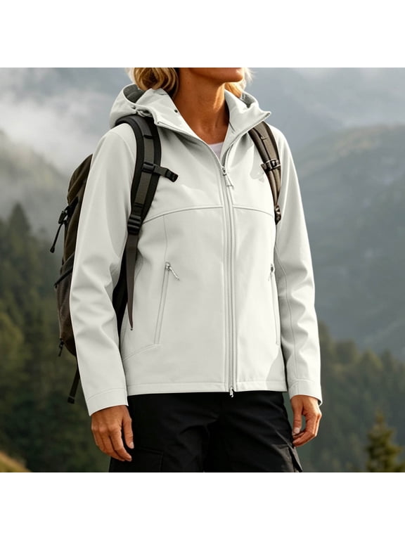 Women's Lightweight Fleece Lined Softshell Jacket Waterproof Windproof Outdoor Hooded Coat with Pockets