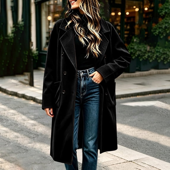 IUYRTFE Women's Long Overcoat Lapel Collar Button Down Knee Length Coat with Pockets Lined