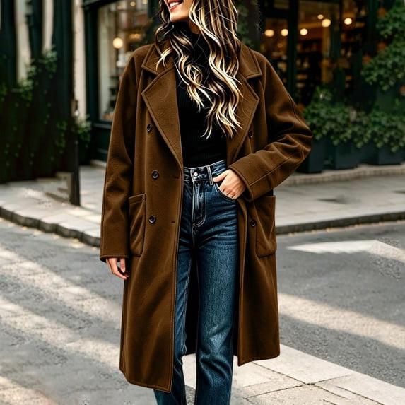 IUYRTFE Women's Long Overcoat Lapel Collar Button Down Knee Length Coat with Pockets Lined