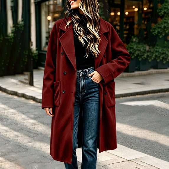IUYRTFE Women's Long Overcoat Lapel Collar Button Down Knee Length Coat with Pockets Lined