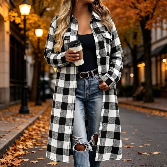 IUYRTFE Women's Long Plaid Button Down Shirt Jacket Casual Oversized Flannel Coat with Pockets