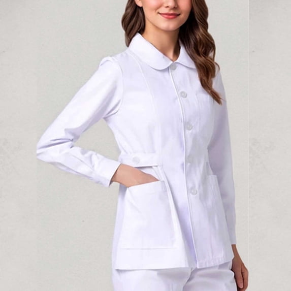 IUYRTFE Women's Long Sleeve Button-Front Collared Scrub Top with Pockets – Breathable Healthcare Workwear for Nurses, Medical Staff, and Daily Uniform Wear