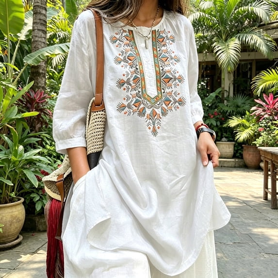 IUYRTFE Women's Long Sleeve Embroidered Tunic Top Button Front Round Neck Casual Boho Blouse