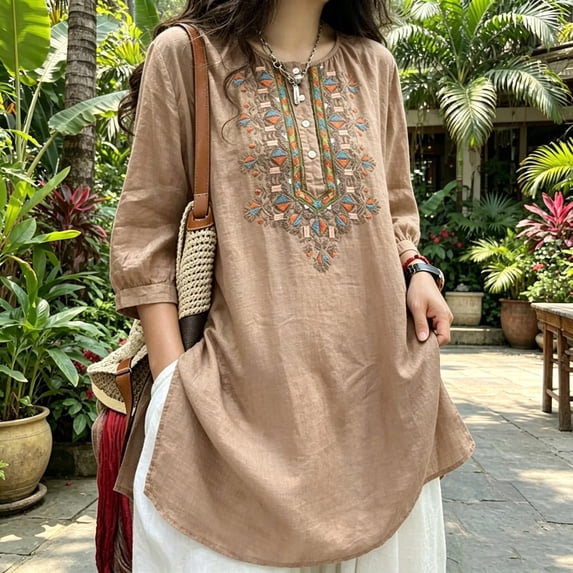 IUYRTFE Women's Long Sleeve Embroidered Tunic Top Button Front Round Neck Casual Boho Blouse