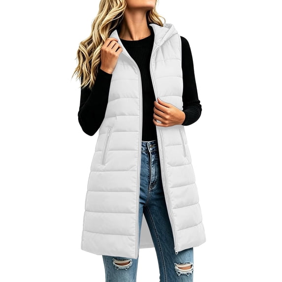 IUYRTFE Women's Longline Hooded Puffer Vest Full Zip Quilted Sleeveless Jacket with Pockets Solid Color Winter Outerwear