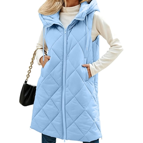 IUYRTFE Women's Longline Hooded Puffer Vest Full Zip Sleeveless Winter Coat with Pockets Solid Color