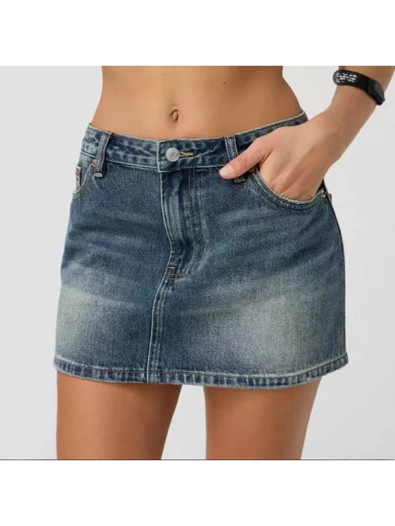 IUYRTFE Women's Low-Rise Classic Denim Mini Skirt – Washed Blue Jean Short Skirt with Pockets for Summer Casual Streetwear and Daily Wear