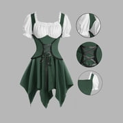 IUYRTFE Womens Medieval Gothic Corset Dress with Puff Sleeves Lace Up Front Asymmetrical Hem Vintage Halloween Costume
