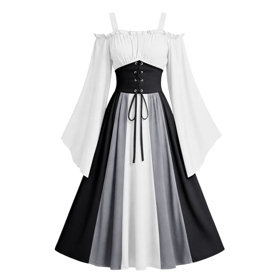 IUYRTFE Women's Medieval Gothic Off Shoulder Patchwork Maxi Dress Lace Up Corset Waist Vintage Cosplay Gown