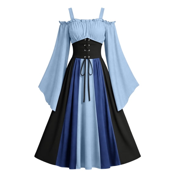 IUYRTFE Women's Medieval Gothic Off Shoulder Patchwork Maxi Dress Lace Up Corset Waist Vintage Cosplay Gown