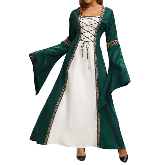 IUYRTFE Women's Medieval Renaissance Lace-Up Corset Dress – Bell Sleeve Overdress with Contrast Panel for Halloween Cosplay and Costume Parties