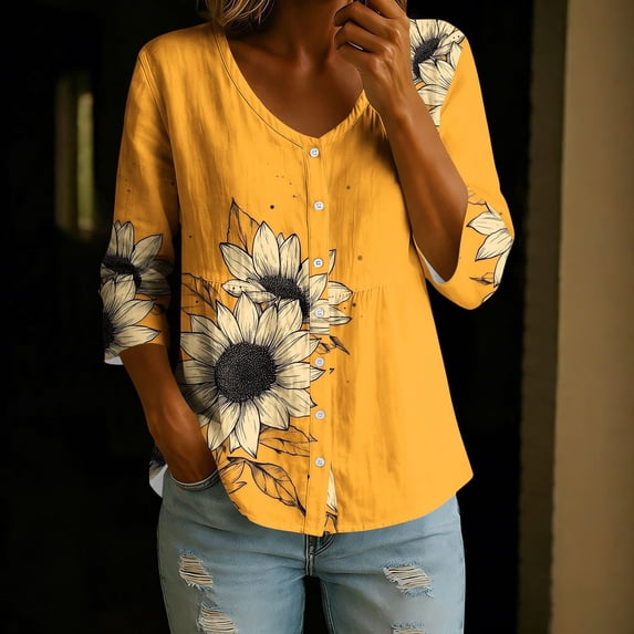 IUYRTFE Women's Mustard Yellow Sketch Sunflower Partial Print V Neck Button Down Blouse, 3/4 Sleeve Gathered Waist Loose Fit Casual Shirt