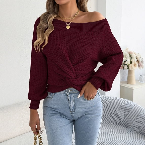 IUYRTFE Women's Off Shoulder Knit Sweater Long Sleeve Twist Front Casual Pullover Top