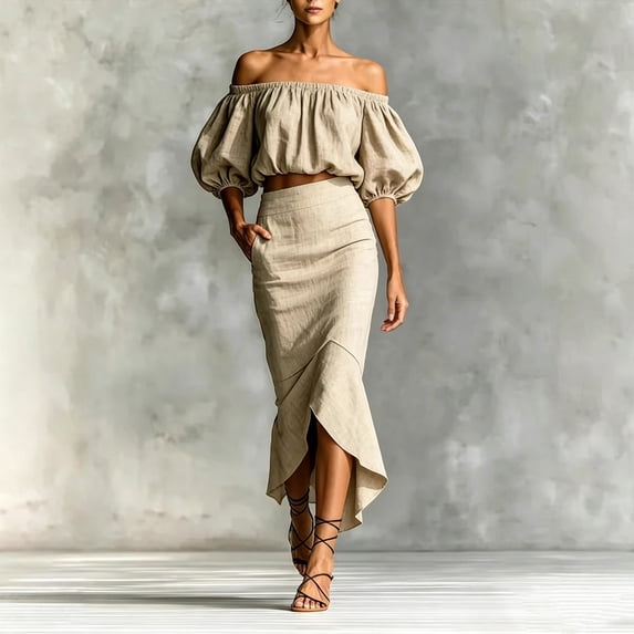 IUYRTFE Women's Off Shoulder Puff Sleeve Top and Midi Skirt Set 2 Piece Summer Casual Outfit
