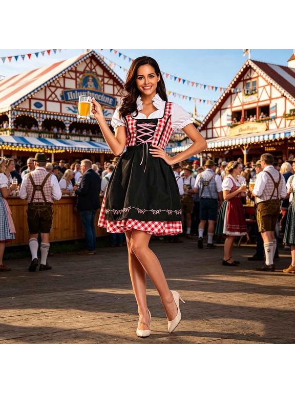 IUYRTFE Women's Oktoberfest Dirndl Dress Short Sleeve Floral Print Bavarian Costume for Beer Festival Party