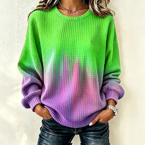 IUYRTFE Women's Ombre Waffle Knit Crewneck Sweatshirt Long Sleeve Relaxed Fit Casual Pullover Top