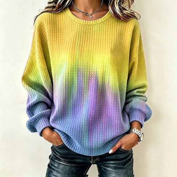IUYRTFE Women's Ombre Waffle Knit Crewneck Sweatshirt Long Sleeve Relaxed Fit Casual Pullover Top