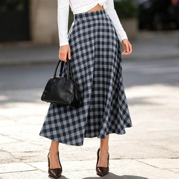 IUYRTFE Women's Plaid Midi Skirt with Pockets High Waist A Line Flared Long Skirt