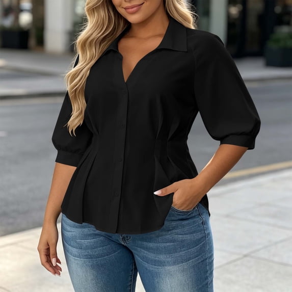 IUYRTFE Women's Plus Size Collared Blouse 3/4 Puff Sleeve Button Down Peplum Top