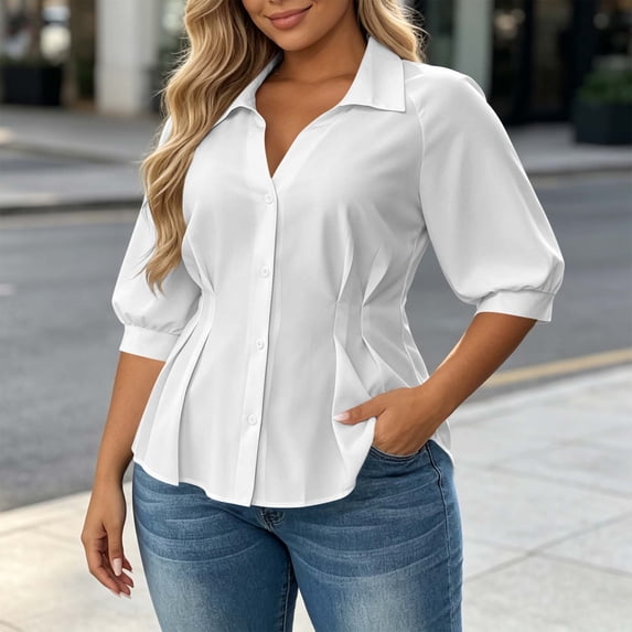 IUYRTFE Women's Plus Size Collared Blouse 3/4 Puff Sleeve Button Down Peplum Top