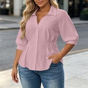 IUYRTFE Womens Plus Size Collared Blouse 3/4 Puff Sleeve Button Down Peplum Top