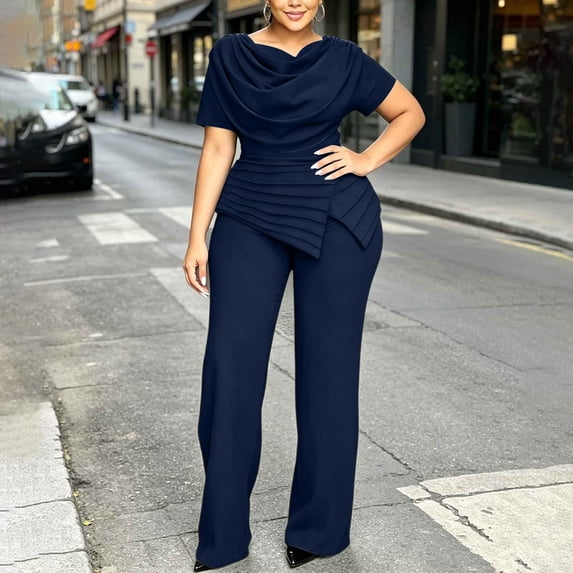 IUYRTFE Women's Plus Size Elegant Two Piece Outfit Draped Waist Top and Wide Leg Pants Formal Suit Set