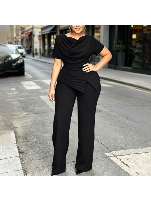 IUYRTFE Women's Plus Size Elegant Two Piece Outfit Draped Waist Top and Wide Leg Pants Formal Suit Set