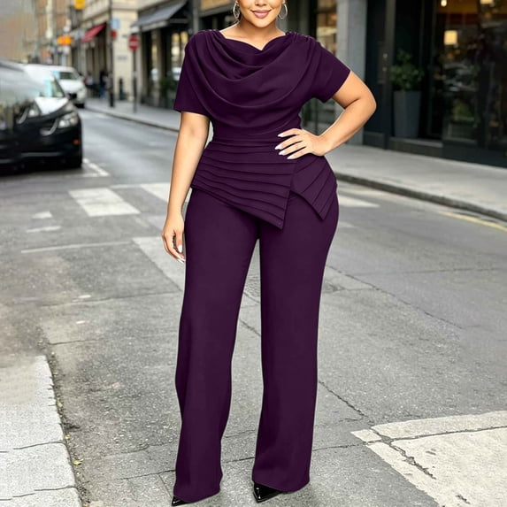 IUYRTFE Women's Plus Size Elegant Two Piece Outfit Draped Waist Top and Wide Leg Pants Formal Suit Set