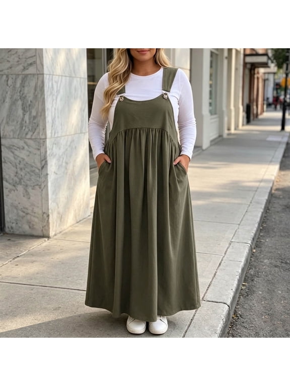 Women's Plus Size Loose Strap Maxi Dress Sleeveless Pleated Cotton Linen Pinafore Sundress