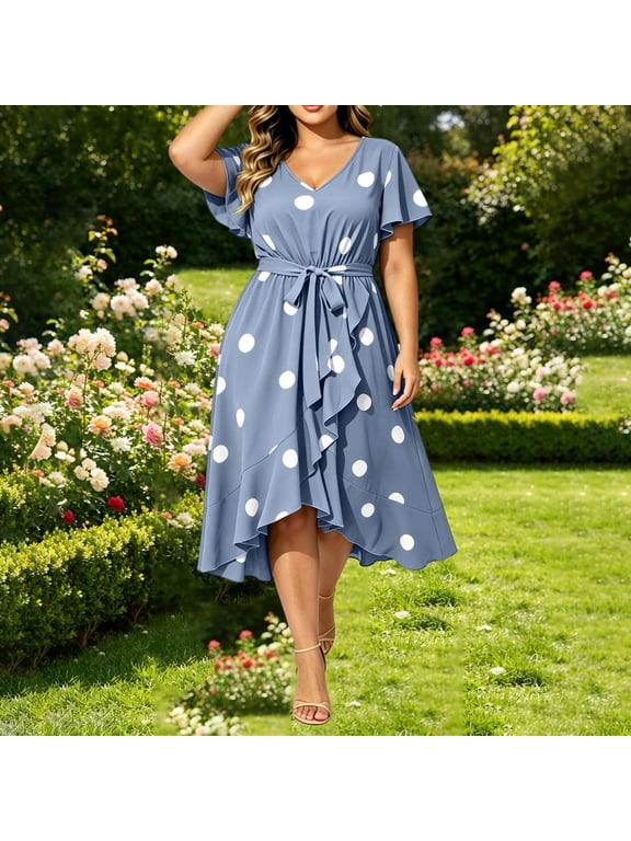 Women's Plus Size Polka Dot V-Neck Short Sleeve Dress – Elastic Waist Ruffle Hem Casual Midi Dress for Summer Beach Vacation and Daily Wear