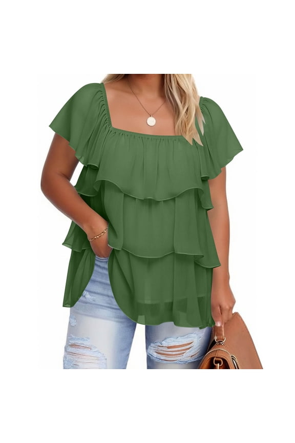 Women's Plus Size Square Neck Layered Ruffle Short Sleeve Top Loose Fit Summer Casual Chiffon Blouse