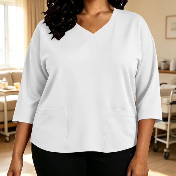 IUYRTFE Women's Plus Size V Neck 3/4 Sleeve Scrub Top with Pockets Relaxed Fit Casual Workwear Tunic