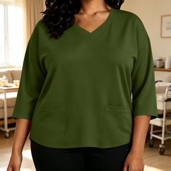 IUYRTFE Women's Plus Size V Neck 3/4 Sleeve Scrub Top with Pockets Relaxed Fit Casual Workwear Tunic