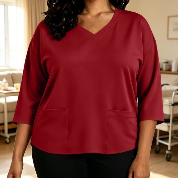 IUYRTFE Women's Plus Size V Neck 3/4 Sleeve Scrub Top with Pockets Relaxed Fit Casual Workwear Tunic