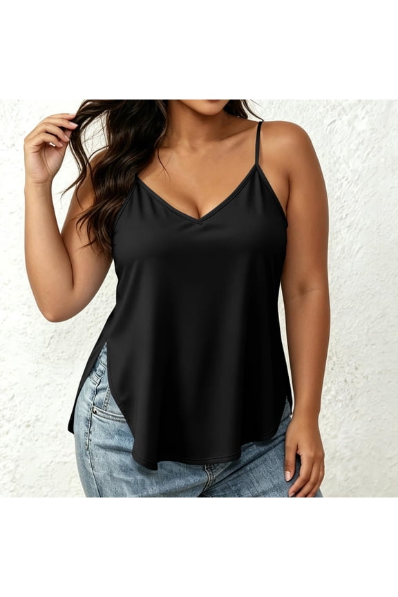 Women's Plus Size V Neck Adjustable Strap Tank Top Loose Fit Side Slit Summer Casual Cami