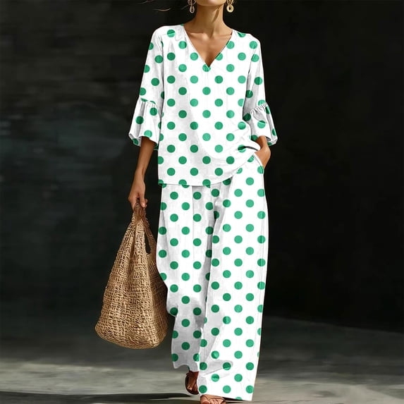 IUYRTFE Women's Polka Dot 2-Piece Outfit V Neck 3/4 Ruffle Sleeve Top and Wide Leg Pants Casual Lounge Set