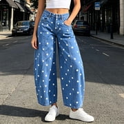 IUYRTFE Womens Polka Dot Barrel Leg Jeans Button Fly Wide Leg Denim Pants with Pockets