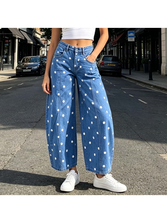 Women's Polka Dot Barrel Leg Jeans Button Fly Wide Leg Denim Pants with Pockets
