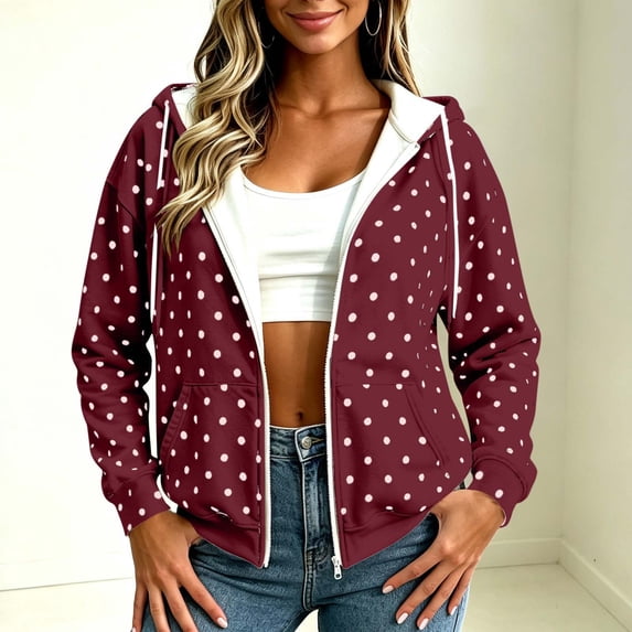 IUYRTFE Women's Polka Dot Zip Up Hoodie with Pockets Drawstring Long Sleeve Casual Jacket
