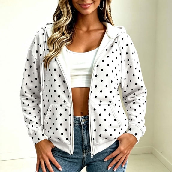 IUYRTFE Women's Polka Dot Zip Up Hoodie with Pockets Drawstring Long Sleeve Casual Jacket